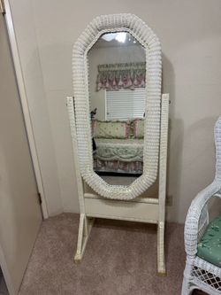 White Wicker Full-Length Cheval Floor Mirror