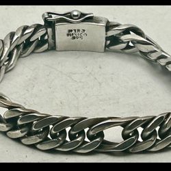 MENS big chunky  Mexico 925 figaro link bracelet 9.5”w/safety clasp 79g