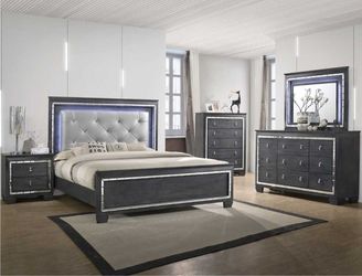 Brand new gray LED queen bed frame, dresser, mirror, nightstand