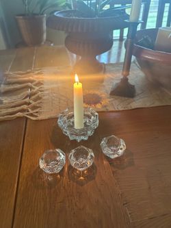 Antique Fostoria candle holder and set of 3 salt cellars