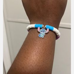 Stitch Charm Bracelet, Blue Pink Heishi Beads, Handmade Stretch Jewelry
