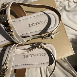 Coach Caterine Ivory Patent Leather T-Strap Thong Sandals Sling Back Flats