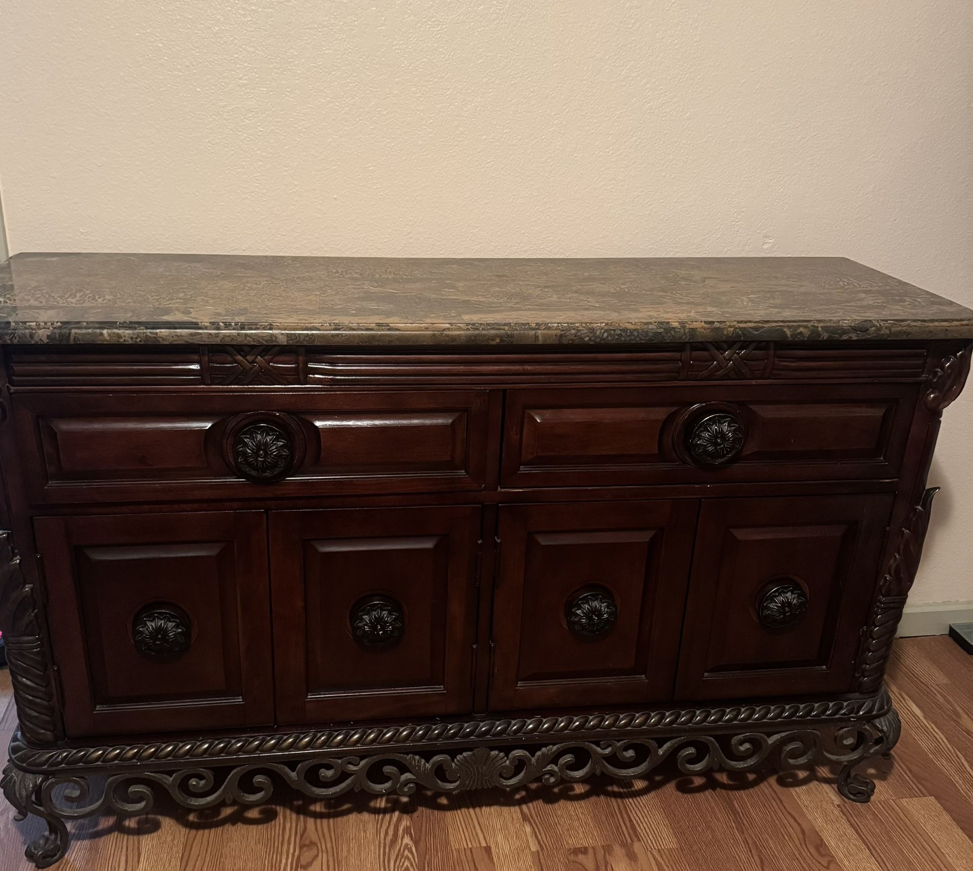 Antique Style Marble Veneered Top Sideboard, With Two Drawers & Four Doors, On Wrought Iron Legs