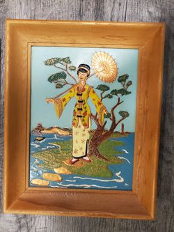 Asían Hammered Copper Painted Modern Mid Century Art