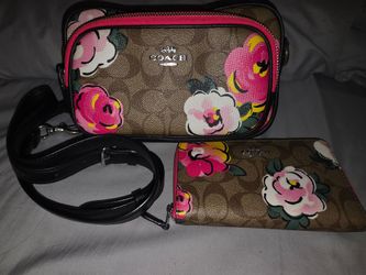 Coach Signature Rose Print Court Crossbody With Matching wallet