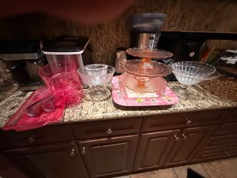 Pink Depression Glass Tiered Cake Stand & -“all glassware bundleSet