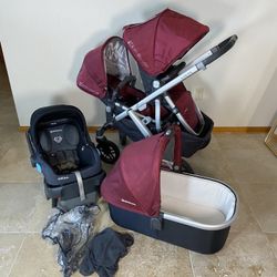Uppababy Vista Double Stroller with Bassinet and Car Seat Red