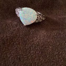 Sterling Silver Pear Shape Lab Opal W/Clear Cubic Zirconia Ring -Size 10