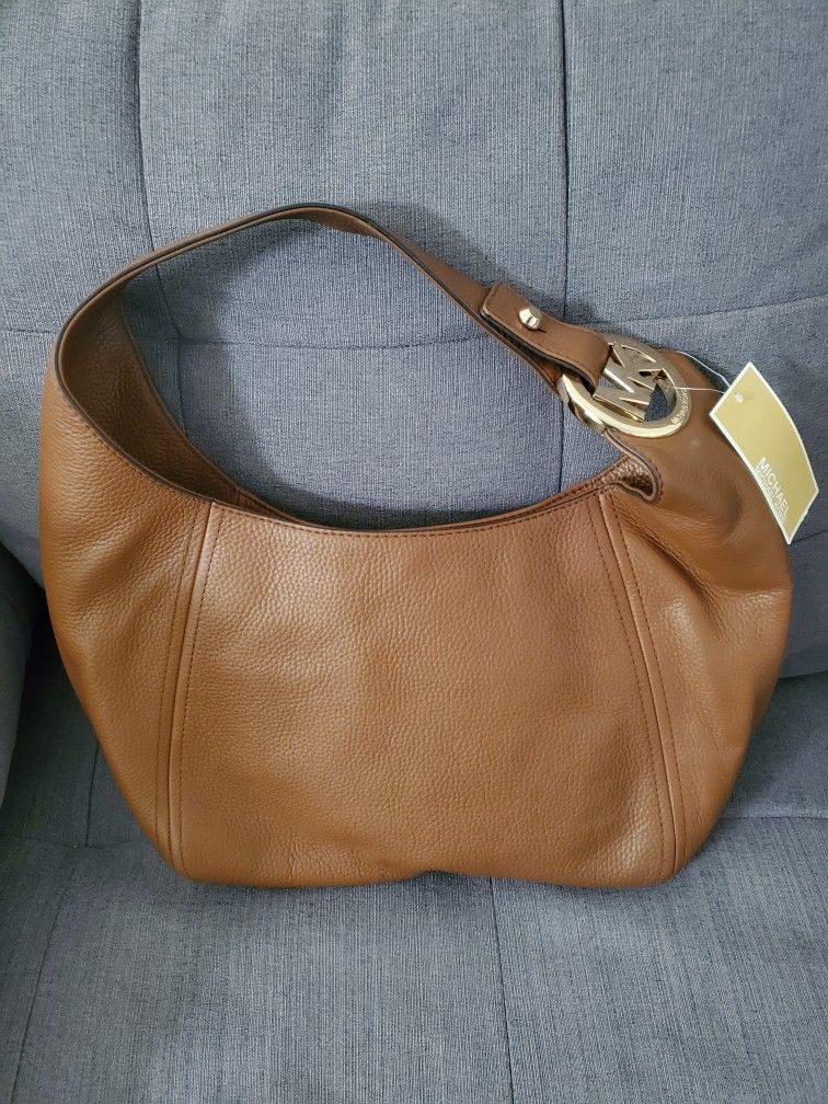Michael Kors Fulton Pebbled Leather Luggage Brown Large Hobo Shoulder Bag