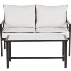 2-Piece Patio Conversation Set with White Cushions