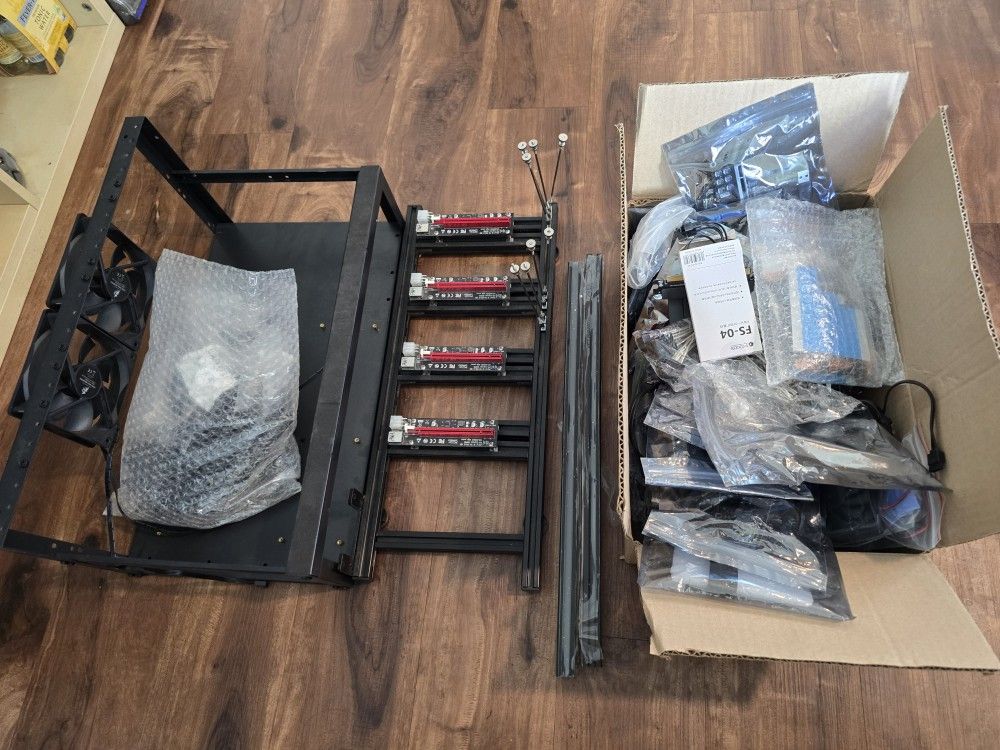 LLM GPU mining rack, open frame case and bunch of mining PC accessories