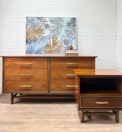 Vintage Mid Century Modern Walnut 6Drawer Dresser/Credenza and Nightstand By Mt.Airy National Furniture