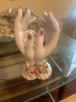 Vintage Lefton Hands Vase Pink Flowers Valentines