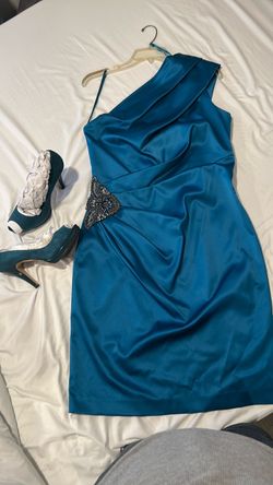 Teal Satin women's dress with shoes