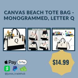 Canvas Beach Tote Bag - Monogrammed, Letter Q