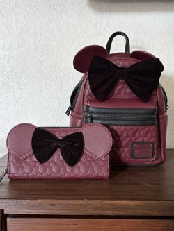 Loungefly  Disney Minnie Mouse Backpack and Wallet maroon with velvet bow