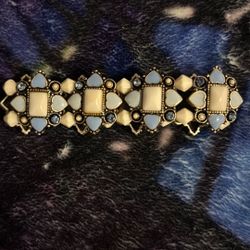 Blue and white milk glass with blue crystals bracelet