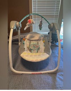 Bright Starts Baby Swing Bouncer - Gray & Mint Plush Seat with Toy Bar