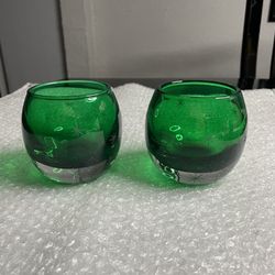 Polish Hand Blown Green Glass Candle Holders