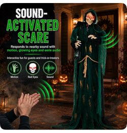 🎃 7FT Animated Grim Reaper – Sound Activated, Light-Up Halloween Animatronic for Indoor & Outdoor Deco