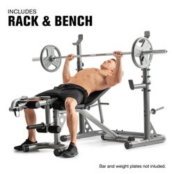 Brand New Weider Workout Bench With Bar and 10 weights Set