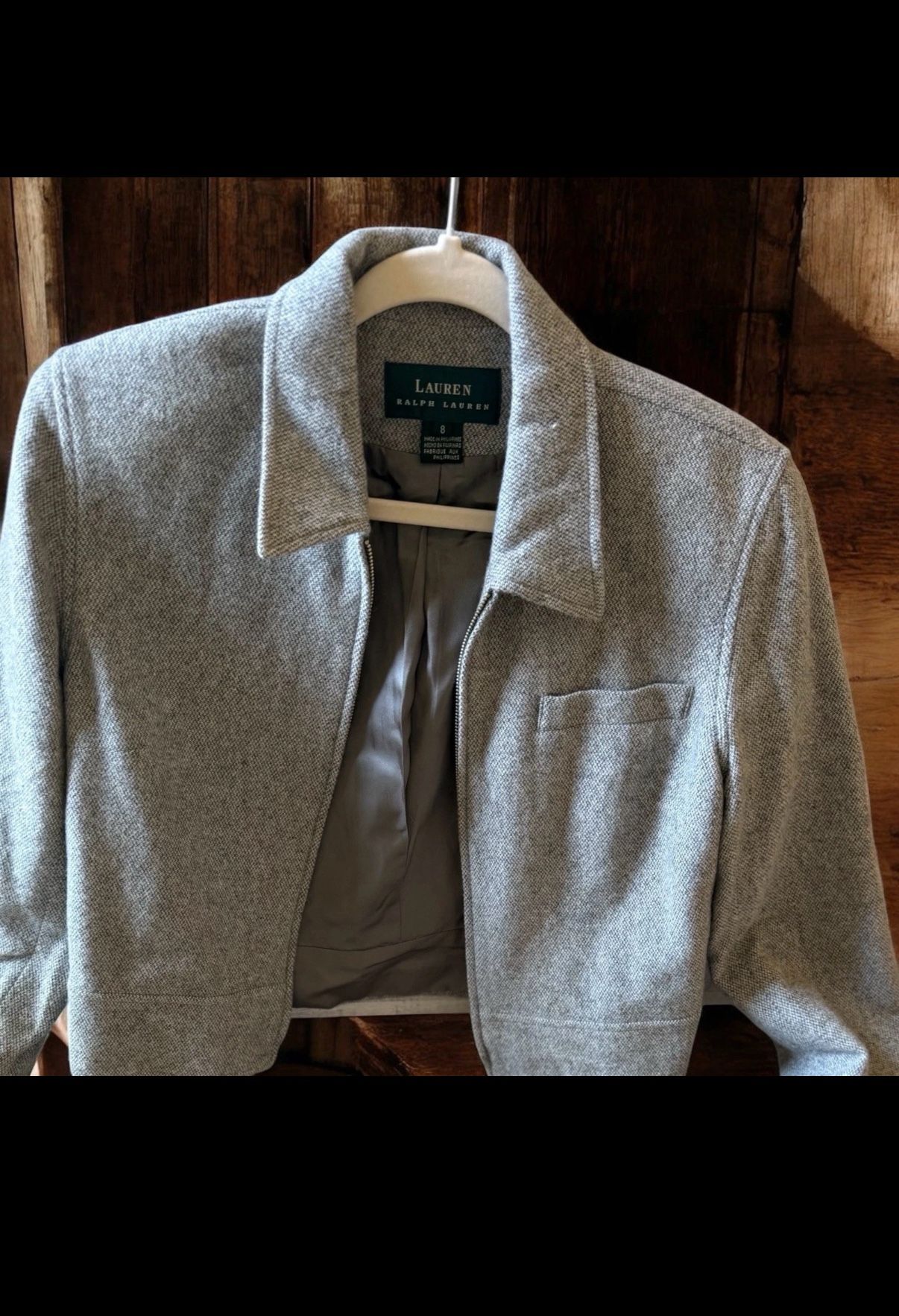 Ralph Lauren Angora Wool Blend Blazer Jacket Women Size 8 Grey Zip Up