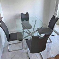 Grey Chrome Glass 5 Piece Dining Table Set 