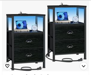 Furologee Nightstand Set of 2 with LED Lights, Charging Station, Black Oak Night Stand Set 2 with US