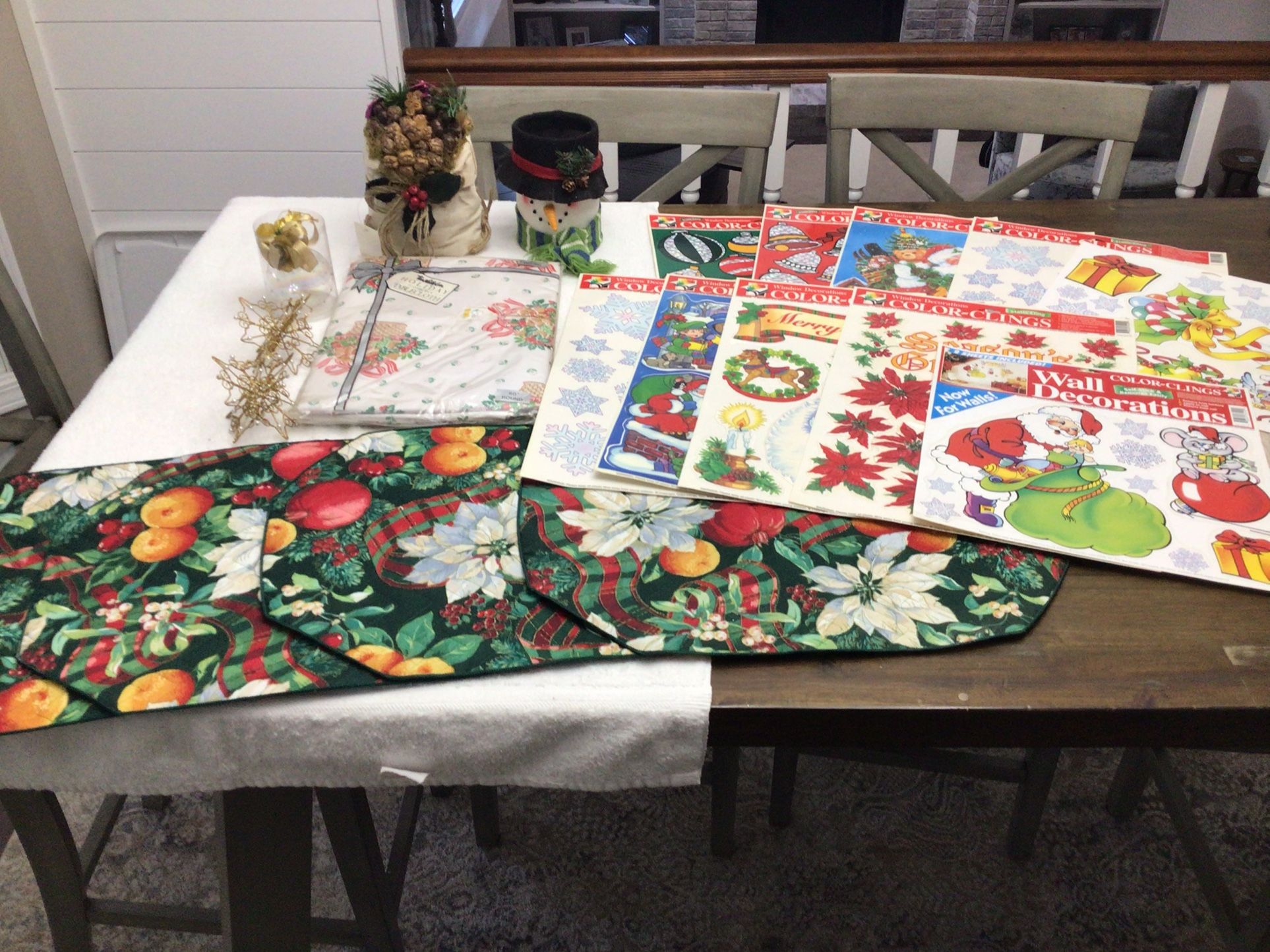 Vintage Christmas Decorations Window Static Clings, Placemats, Tablecloth, Ornaments, Snowman