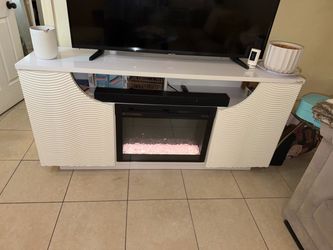 Modern White Wave Design TV Stand with Electric Fireplace