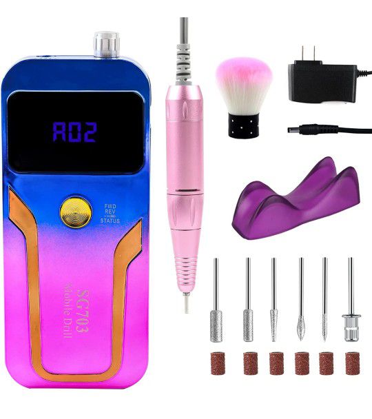 New 35000RPM Portable Rechargeable E-File Drill Machine Cordless Nail Drills for Acrylic Nails with 6 Bits Sanding Bands and Dust Brush for Nail Polis