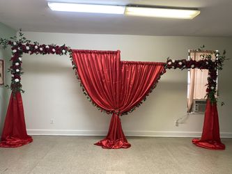 Wood Decore For A Quienceñera Or Birthday Prop. Red Silk Backdrop Curtains With Red And White Roses