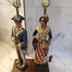 Vintage 1971 Solid Wood Carved Soldier And Wife Lamps. 