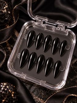 Glossy Black Press On Nails – Long Almond Reusable Gel Nails