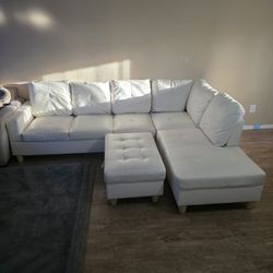 White/beige Leather Sectional Couch  With Ottoman Storage