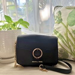 Michael Kors Wanda Small Pebbled Leather Crossbody Bag Black and Gold