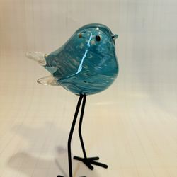 Hand Blown Glass Figure Blue Bird Murano Style Metal Legs w Golden Specks 9.5”