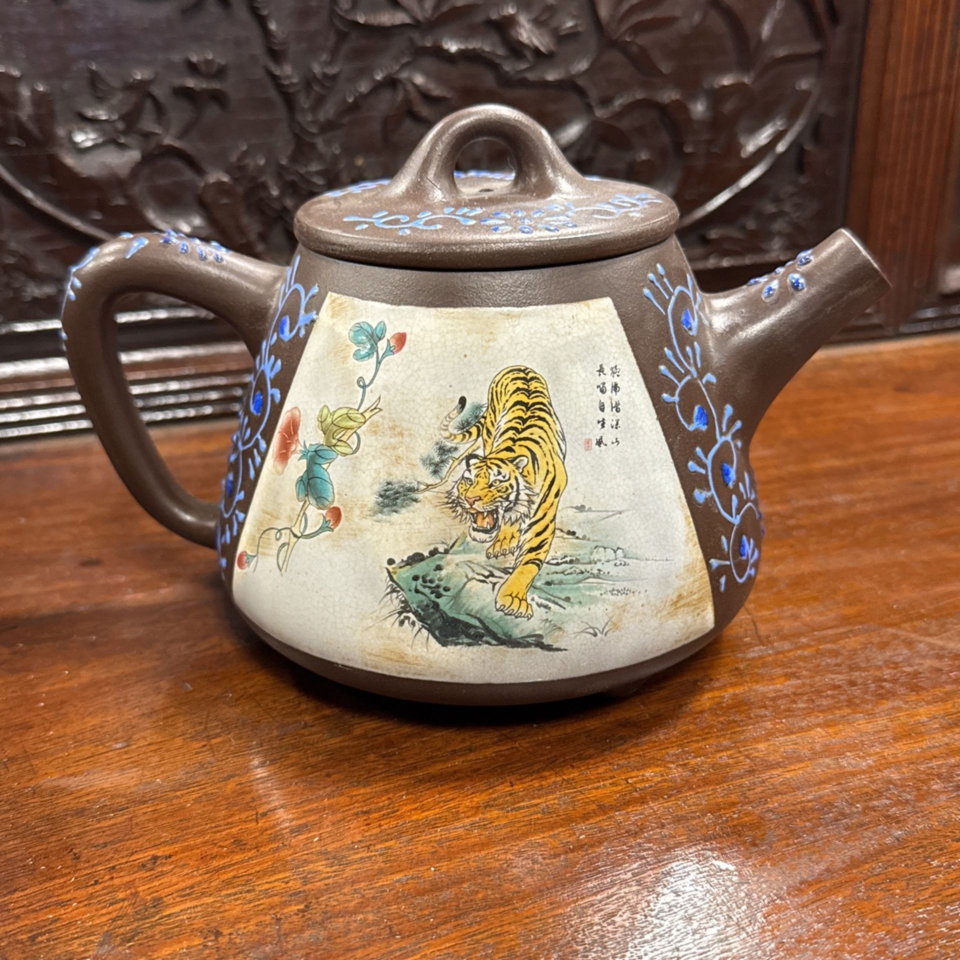Hand-Painted Tiger Yixing Teapot - Mountain Tiger Motif