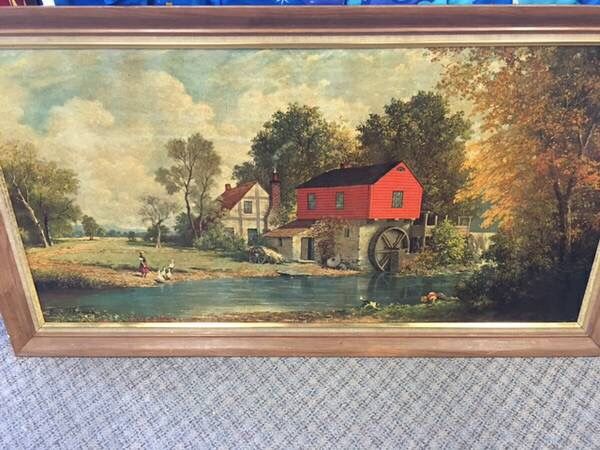 Red Watermill oil painting signed E Thomas 24" x 48"
