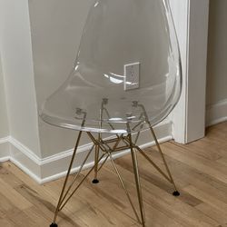 Eames Style Eiffel Lucite Ghost Side Chair, Gold Base