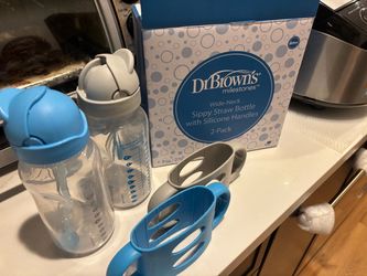 Dr. Brown's Wide-Neck Sippy Straw Bottle with Handles, Gray & Blue, 2-Pack