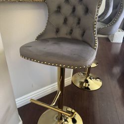 Gray Velvet Bar Stools, Adjustable Height
