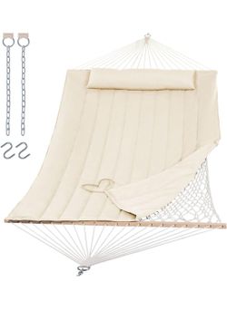 New 2- Person Hammock with Hardwood Spreader Bar, Outdoor Rope Hammock with Polyester Pad, 475 lbs Capacity, Beige