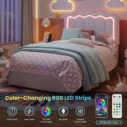 Twin Size Bed Frame with LED Lights and Storage Drawer, White