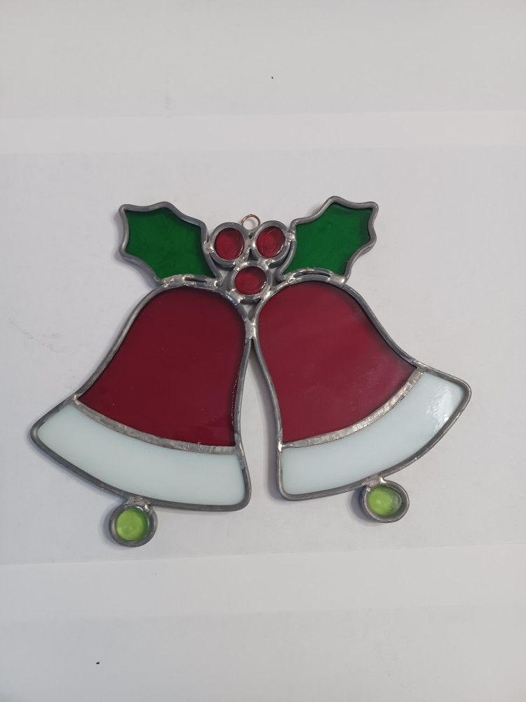 Vintage Stain Glass Holly Bells Sun Catcher