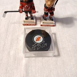 New Jersey Devils Bobbleheads & Travis Zajac Signed Puck & Replica Ring & Brian Boyle Cancer Survivor Poster