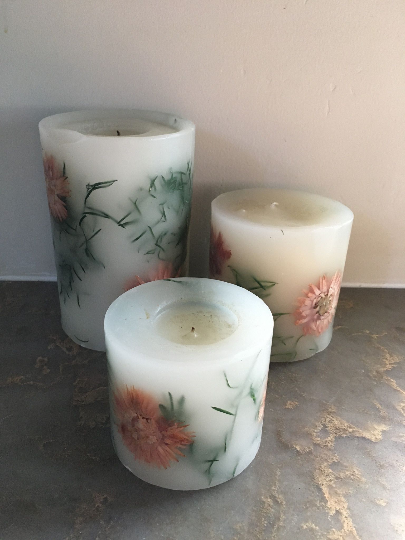 Set Of 3 Pillar Candles. 2 Slightly Used, One Never Used.