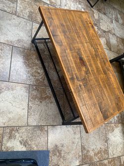 Rustic Industrial Coffee Table with Metal Mesh Shelf