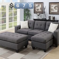 Blue/Gray Reversable Sectional Sofa 🛋 Set Chaise With Ottoman 