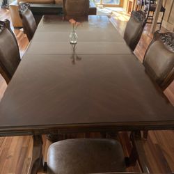 Solid Wood Table with 6 Leather & Wood Chairs